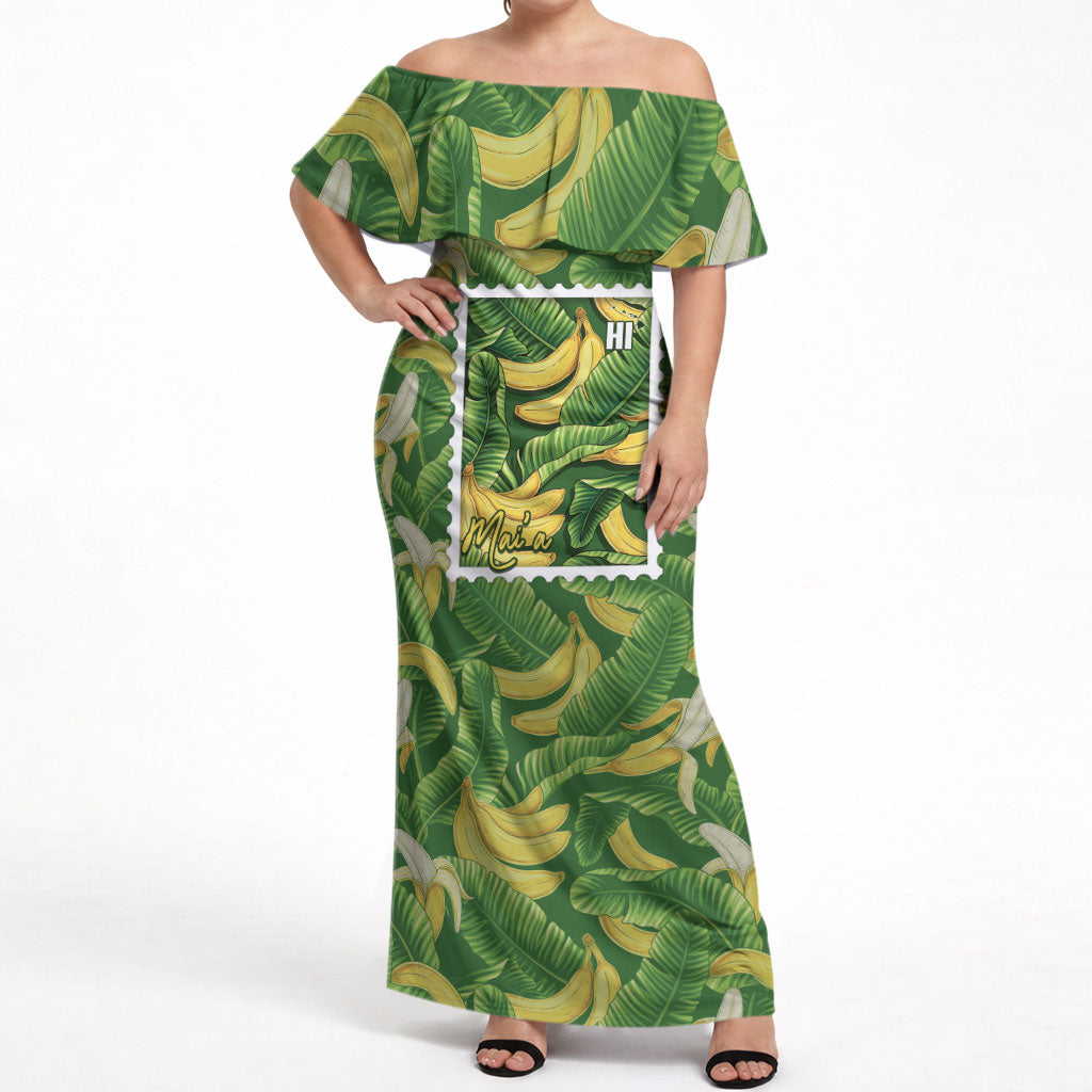 Aloha Hawaii Maia Off Shoulder Maxi Dress Hawaiian Banana Stylized Stamp LT14 Women Green - Polynesian Pride