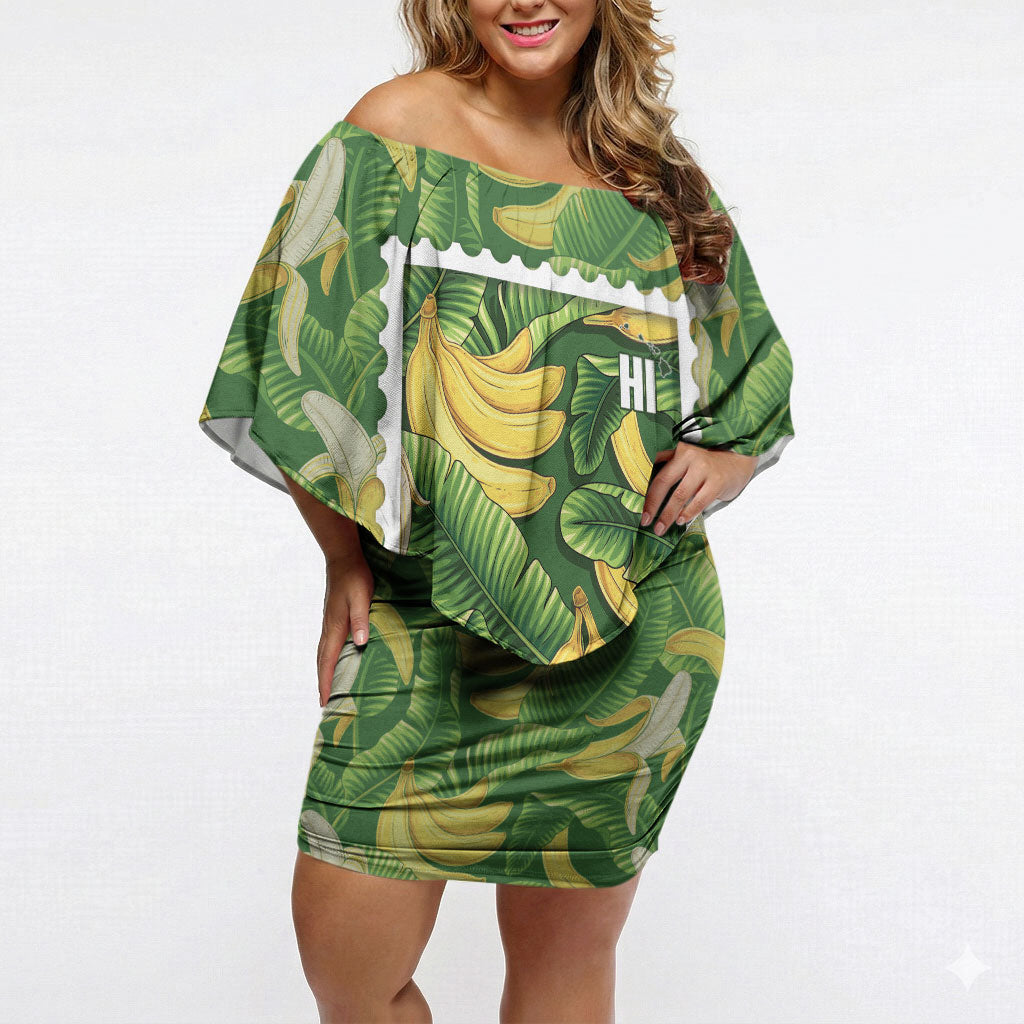 Aloha Hawaii Maia Off Shoulder Short Dress Hawaiian Banana Stylized Stamp