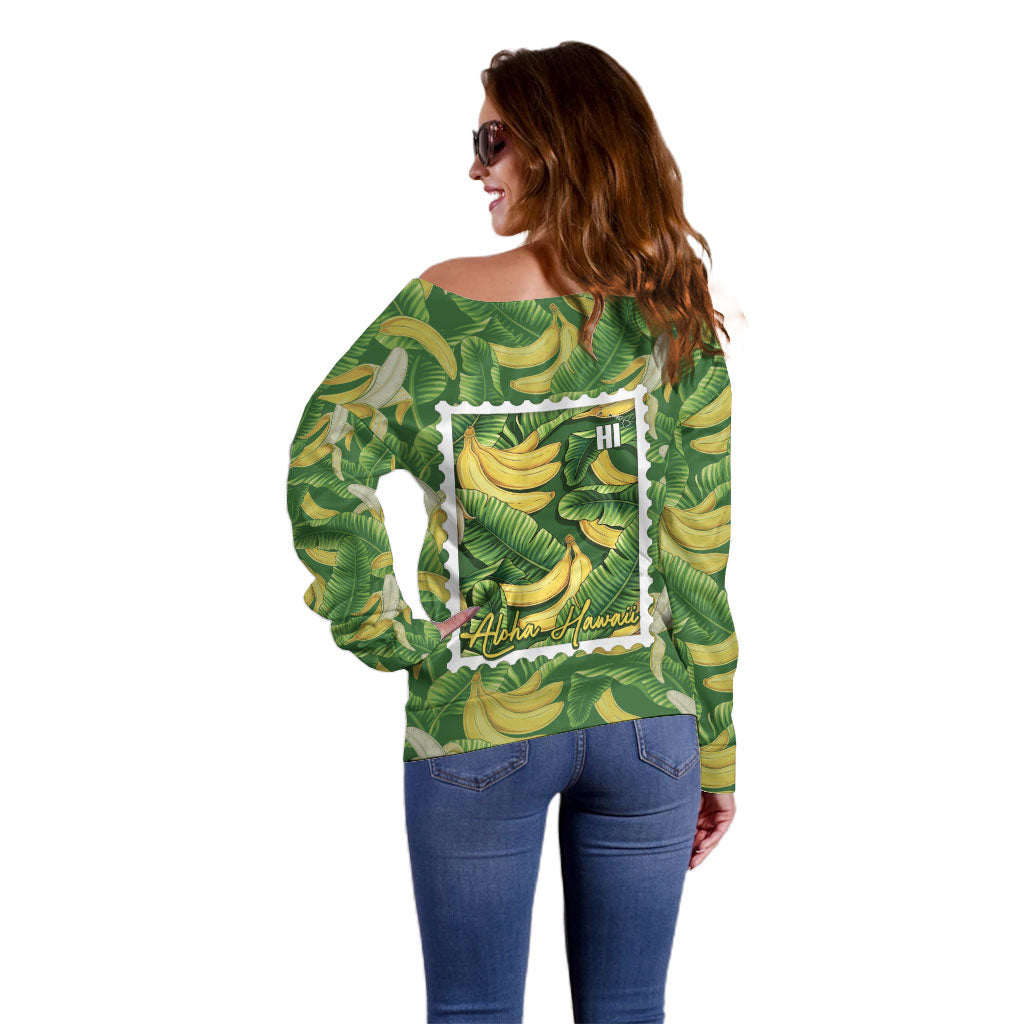 Aloha Hawaii Maia Off Shoulder Sweater Hawaiian Banana Stylized Stamp LT14 - Polynesian Pride