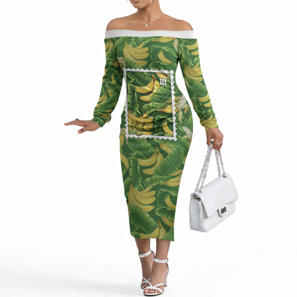 Aloha Hawaii Maia Off The Shoulder Long Sleeve Dress Hawaiian Banana Stylized Stamp LT14 Women Green - Polynesian Pride