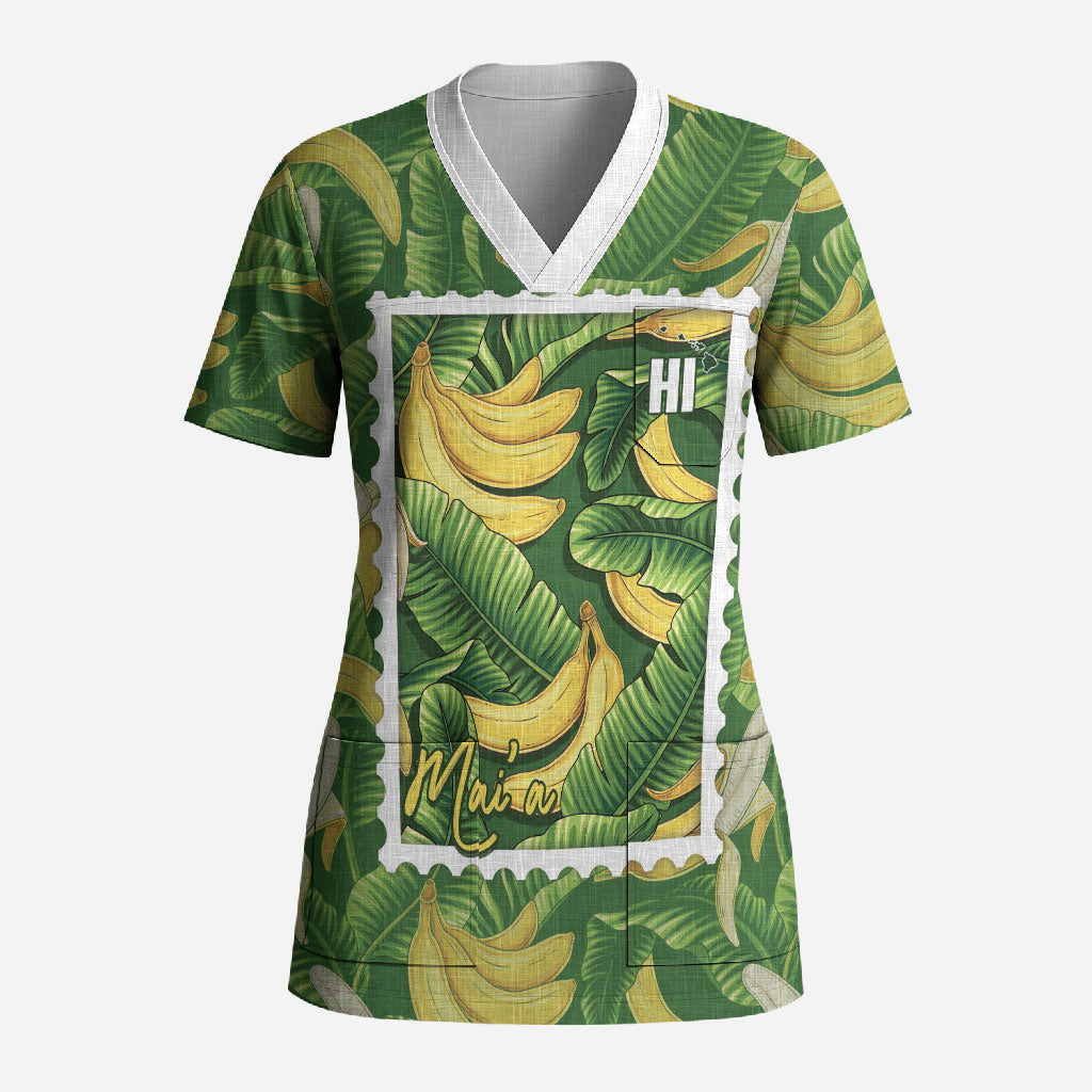 Aloha Hawaii Maia Scrub Top Hawaiian Banana Stylized Stamp