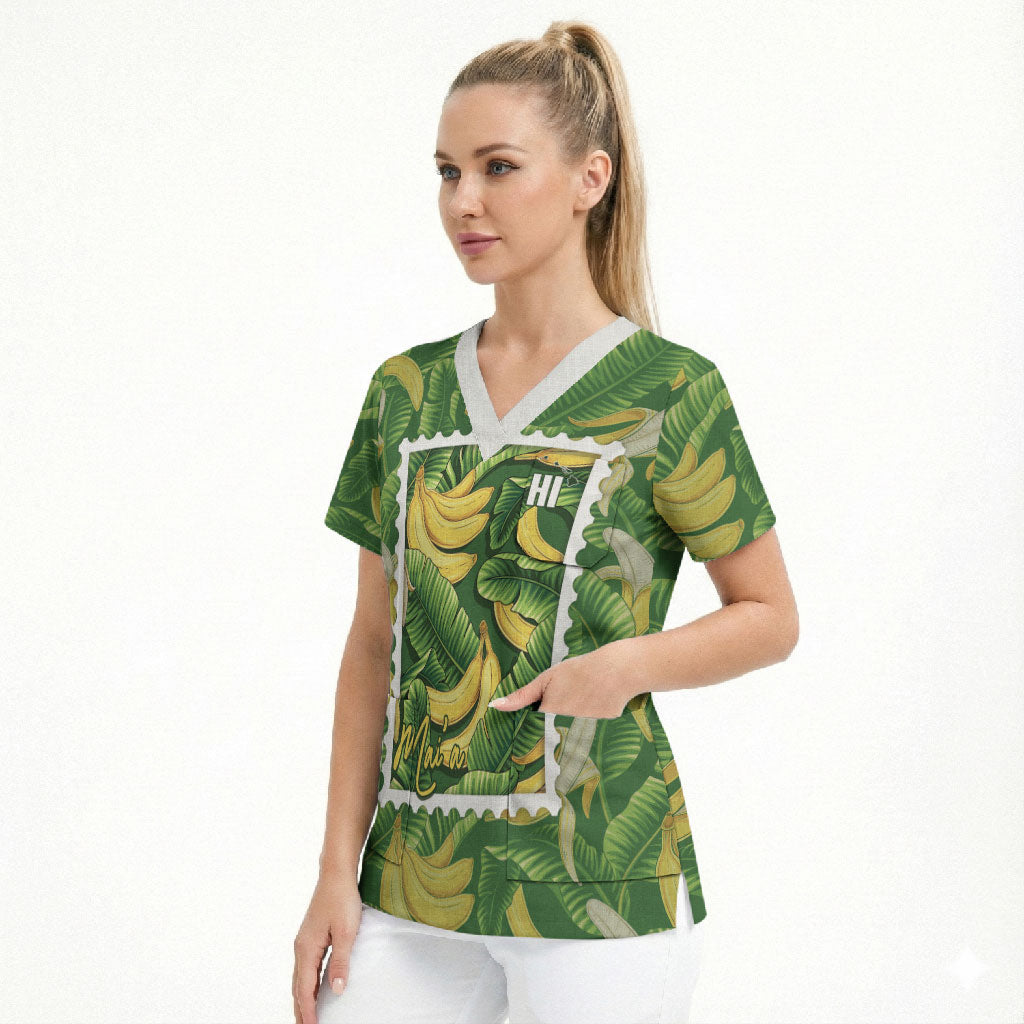 Aloha Hawaii Maia Scrub Top Hawaiian Banana Stylized Stamp LT14 - Polynesian Pride