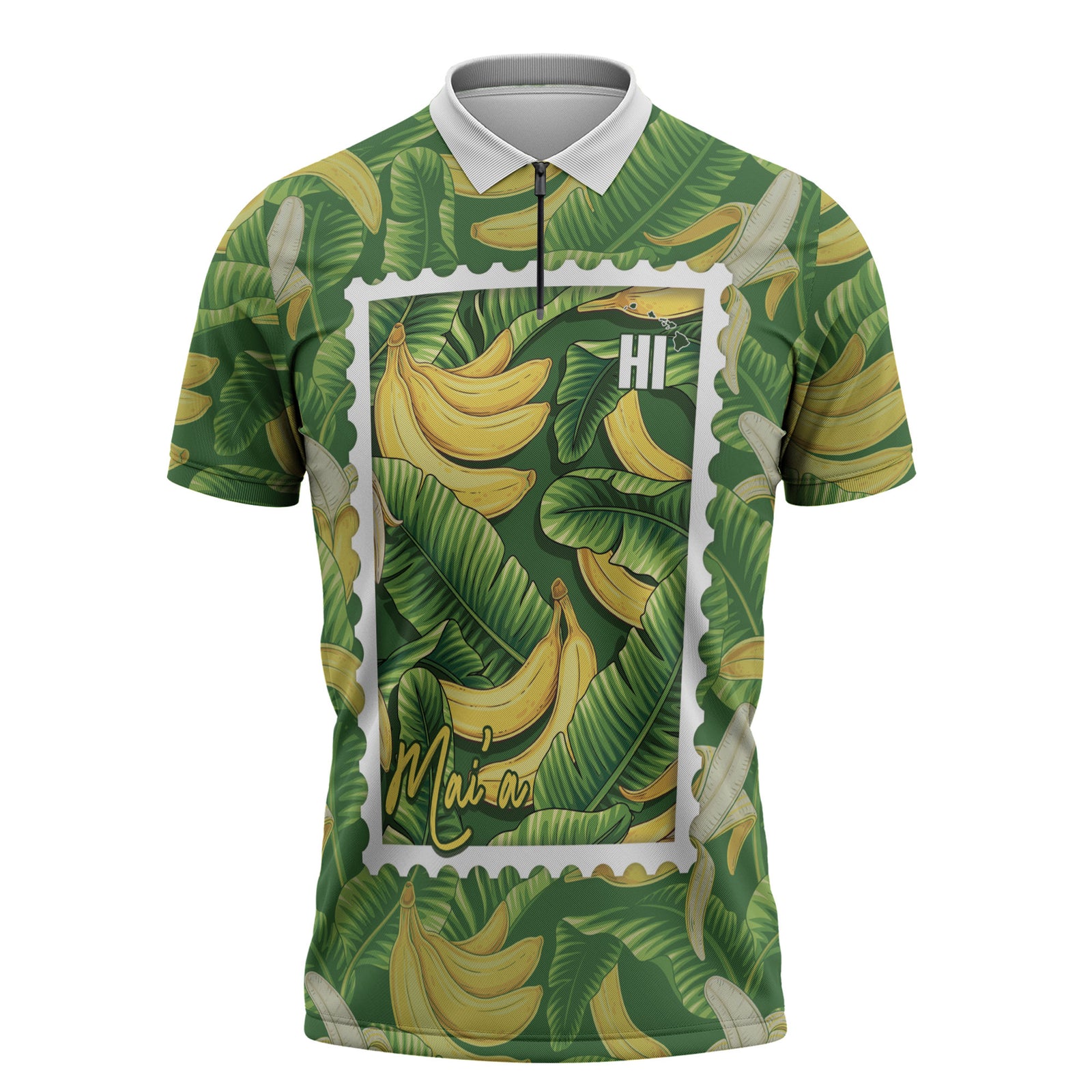 Aloha Hawaii Maia Zipper Polo Shirt Hawaiian Banana Stylized Stamp