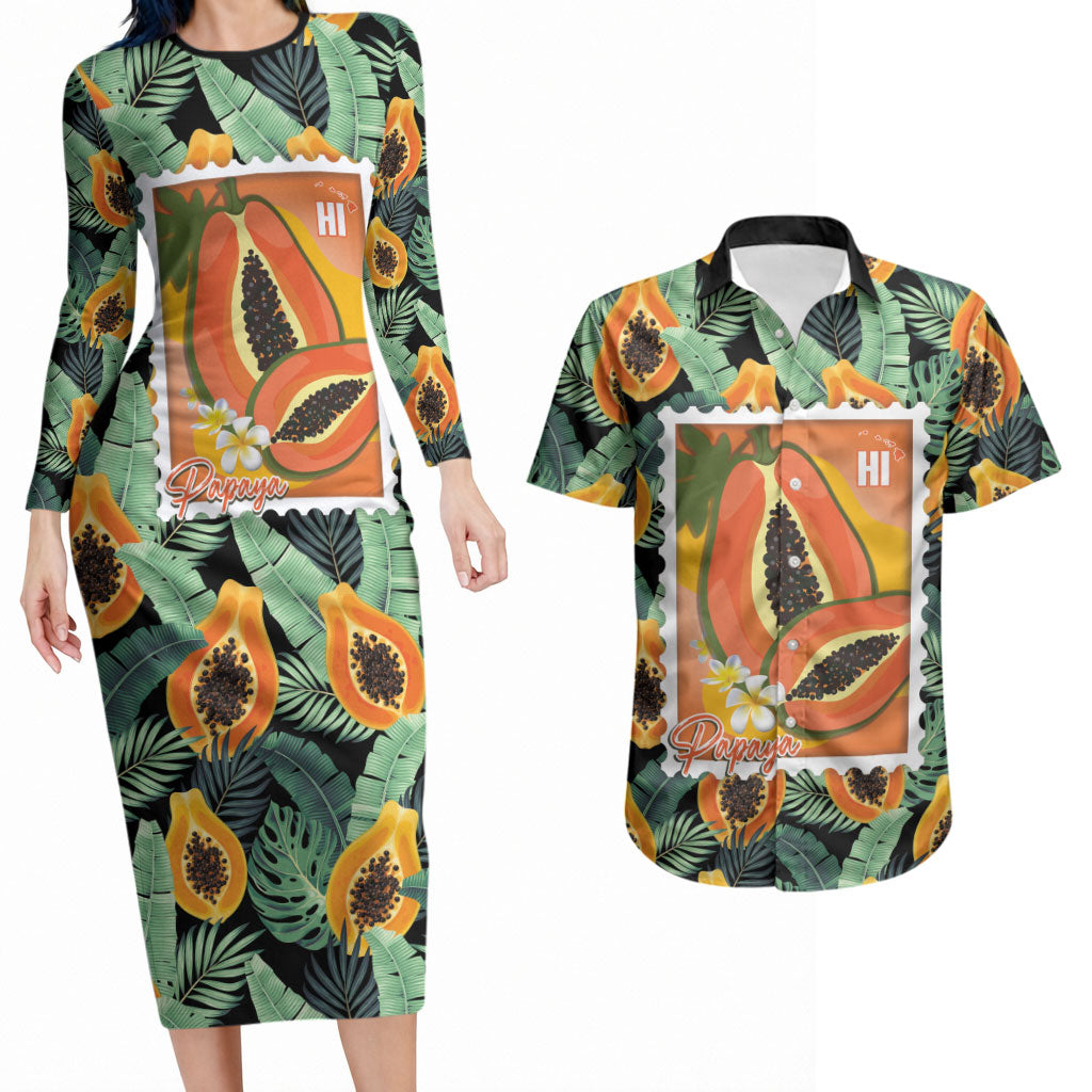 Aloha Hawaii Mikana Couples Matching Long Sleeve Bodycon Dress and Hawaiian Shirt Hawaiian Papaya Stylized Stamp LT14 Green - Polynesian Pride