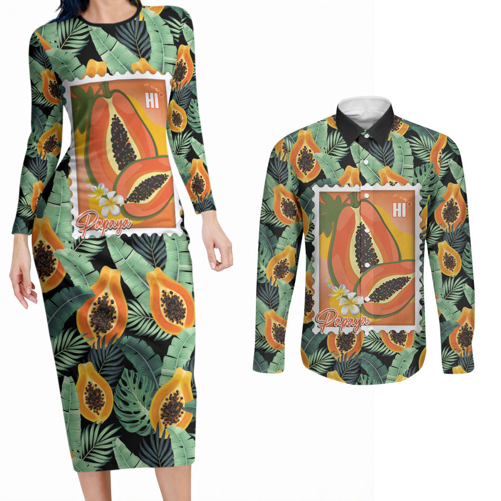Aloha Hawaii Mikana Couples Matching Long Sleeve Bodycon Dress and Long Sleeve Button Shirt Hawaiian Papaya Stylized Stamp LT14 Green - Polynesian Pride