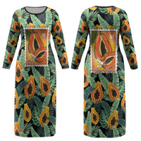 Aloha Hawaii Mikana Couples Matching Long Sleeve Bodycon Dress and Long Sleeve Button Shirt Hawaiian Papaya Stylized Stamp LT14 - Polynesian Pride