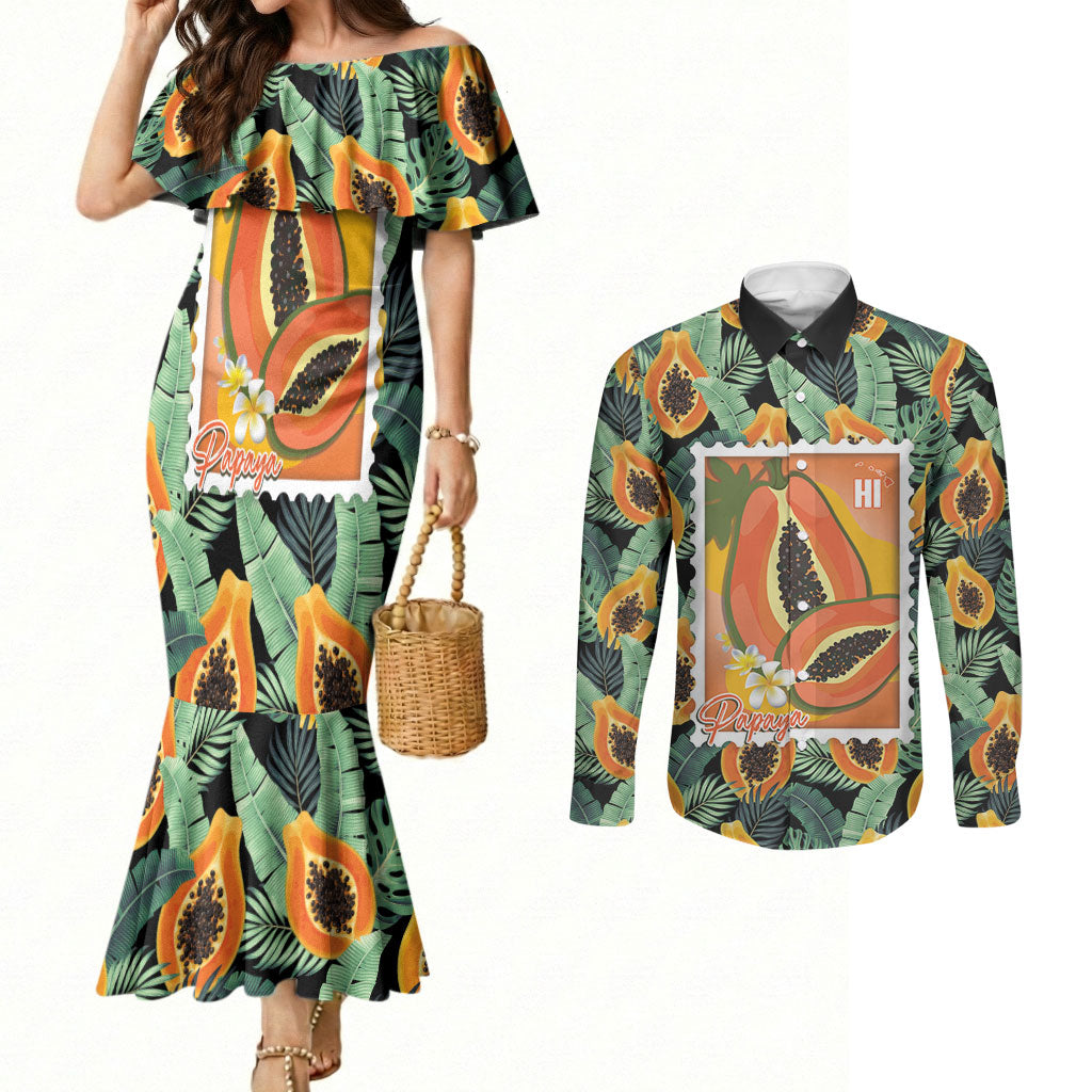 Aloha Hawaii Mikana Couples Matching Mermaid Dress and Long Sleeve Button Shirt Hawaiian Papaya Stylized Stamp LT14 Green - Polynesian Pride