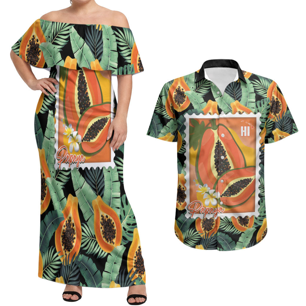 Aloha Hawaii Mikana Couples Matching Off Shoulder Maxi Dress and Hawaiian Shirt Hawaiian Papaya Stylized Stamp