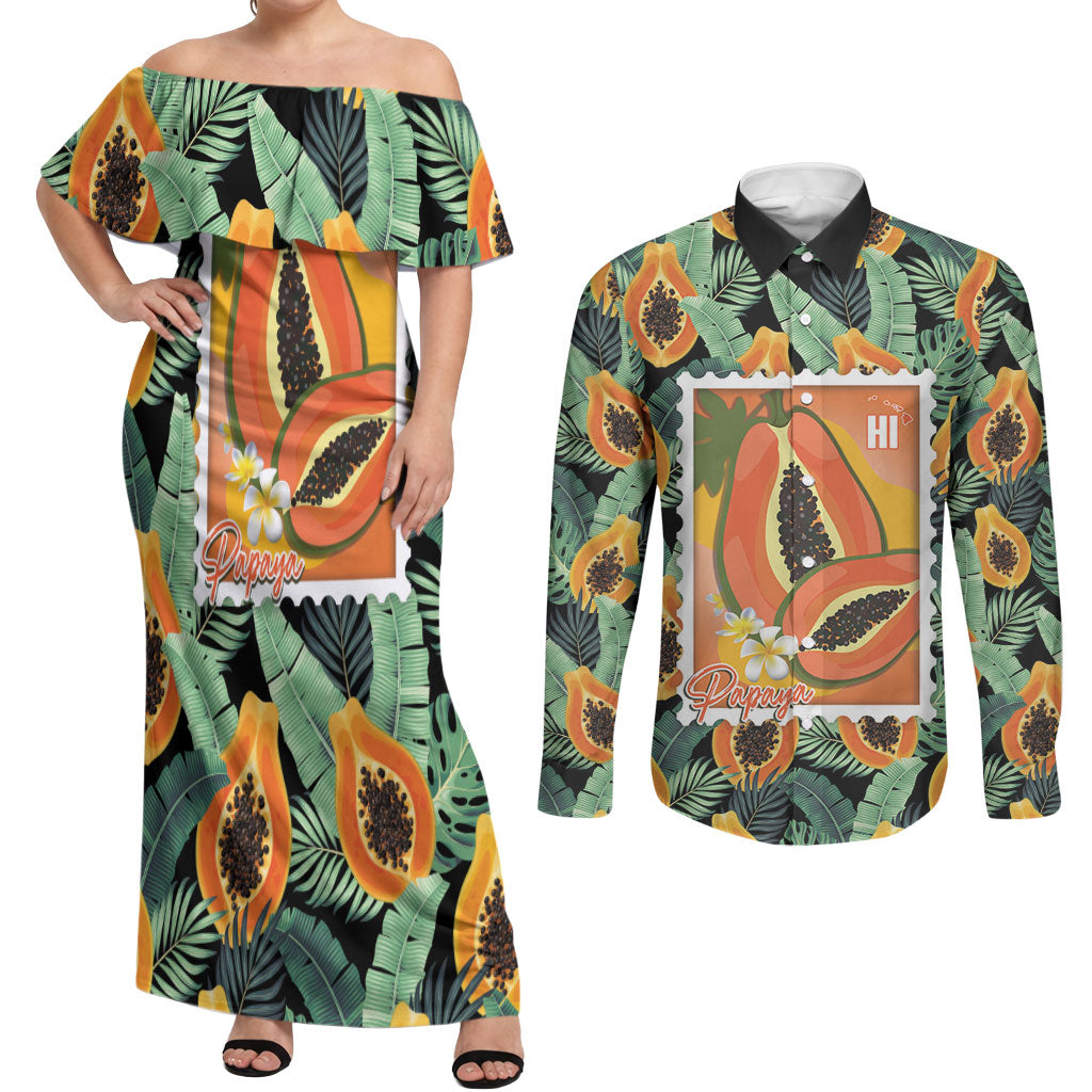Aloha Hawaii Mikana Couples Matching Off Shoulder Maxi Dress and Long Sleeve Button Shirt Hawaiian Papaya Stylized Stamp
