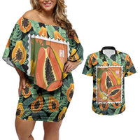 Aloha Hawaii Mikana Couples Matching Off Shoulder Short Dress and Hawaiian Shirt Hawaiian Papaya Stylized Stamp LT14 Green - Polynesian Pride