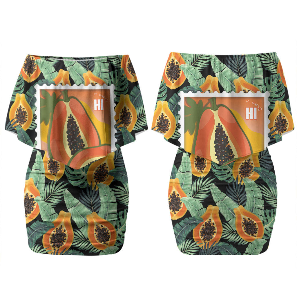 Aloha Hawaii Mikana Couples Matching Off Shoulder Short Dress and Hawaiian Shirt Hawaiian Papaya Stylized Stamp LT14 - Polynesian Pride