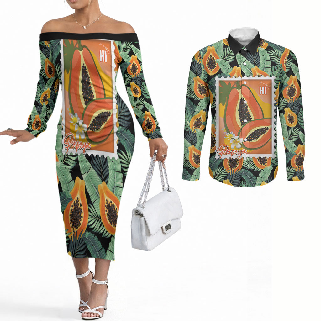 Aloha Hawaii Mikana Couples Matching Off The Shoulder Long Sleeve Dress and Long Sleeve Button Shirt Hawaiian Papaya Stylized Stamp LT14 Green - Polynesian Pride