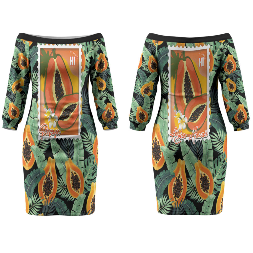 Aloha Hawaii Mikana Couples Matching Off The Shoulder Long Sleeve Dress and Long Sleeve Button Shirt Hawaiian Papaya Stylized Stamp LT14 - Polynesian Pride