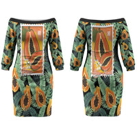 Aloha Hawaii Mikana Couples Matching Off The Shoulder Long Sleeve Dress and Long Sleeve Button Shirt Hawaiian Papaya Stylized Stamp LT14 - Polynesian Pride