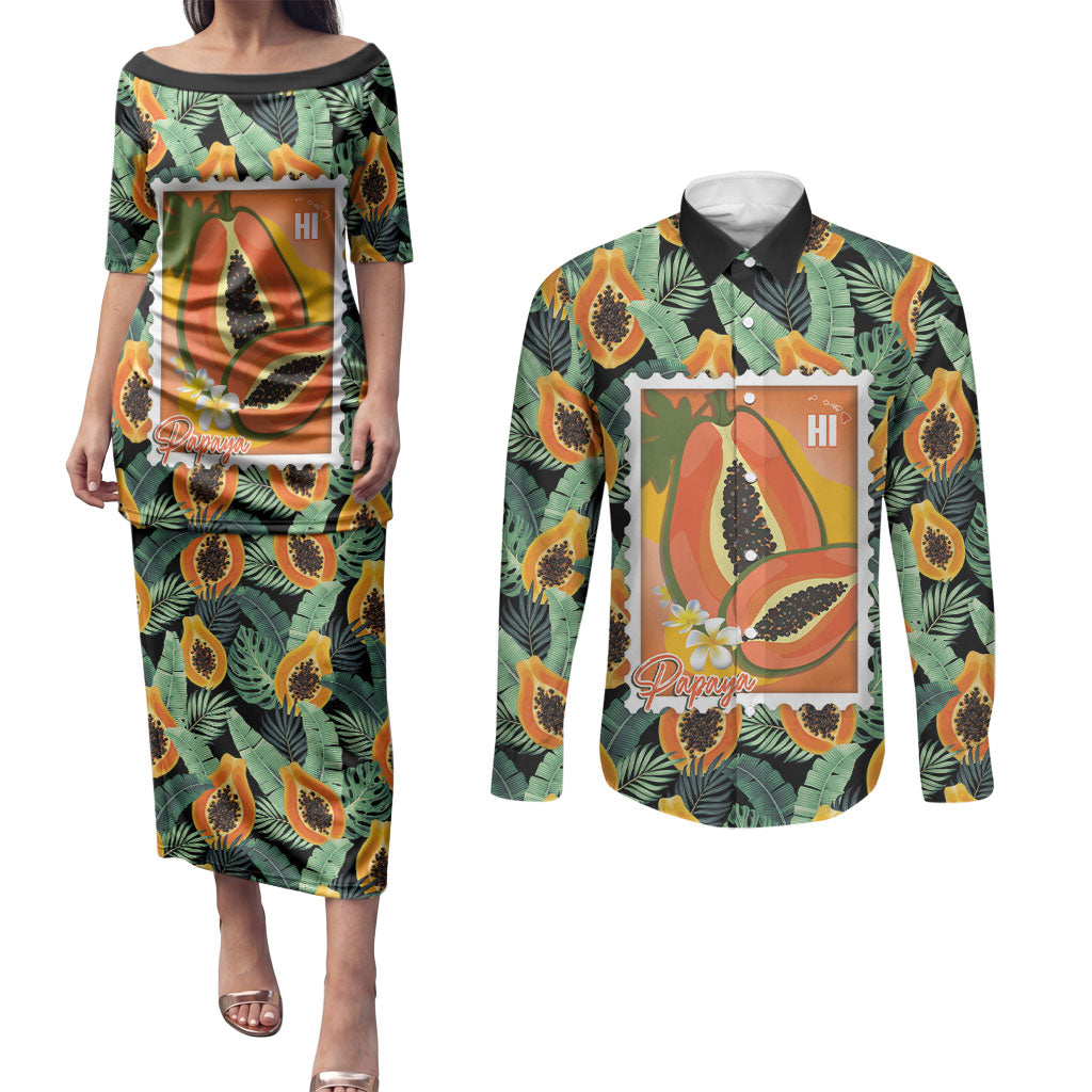 Aloha Hawaii Mikana Couples Matching Puletasi and Long Sleeve Button Shirt Hawaiian Papaya Stylized Stamp LT14 Green - Polynesian Pride