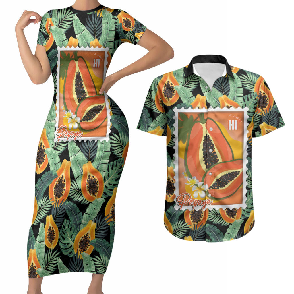 Aloha Hawaii Mikana Couples Matching Short Sleeve Bodycon Dress and Hawaiian Shirt Hawaiian Papaya Stylized Stamp LT14 Green - Polynesian Pride