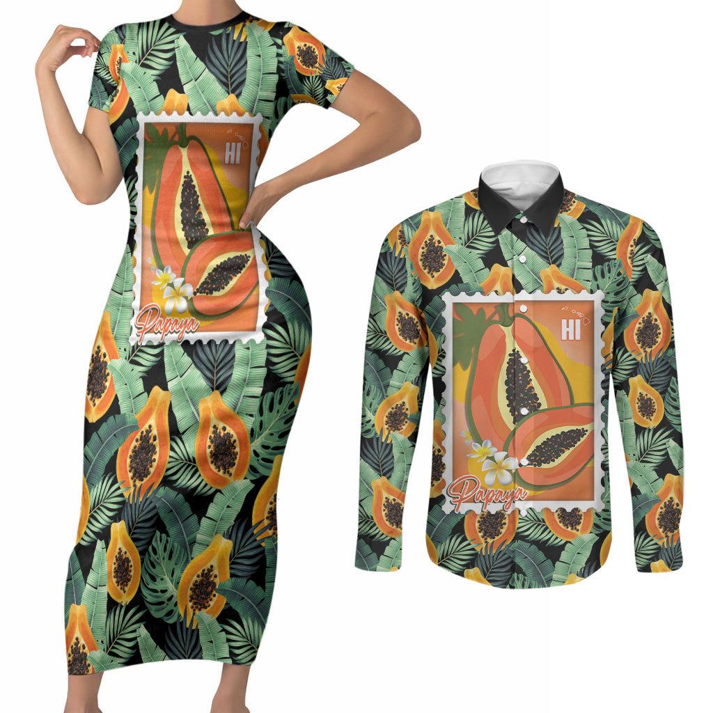 Aloha Hawaii Mikana Couples Matching Short Sleeve Bodycon Dress and Long Sleeve Button Shirt Hawaiian Papaya Stylized Stamp LT14 Green - Polynesian Pride