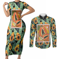 Aloha Hawaii Mikana Couples Matching Short Sleeve Bodycon Dress and Long Sleeve Button Shirt Hawaiian Papaya Stylized Stamp LT14 Green - Polynesian Pride