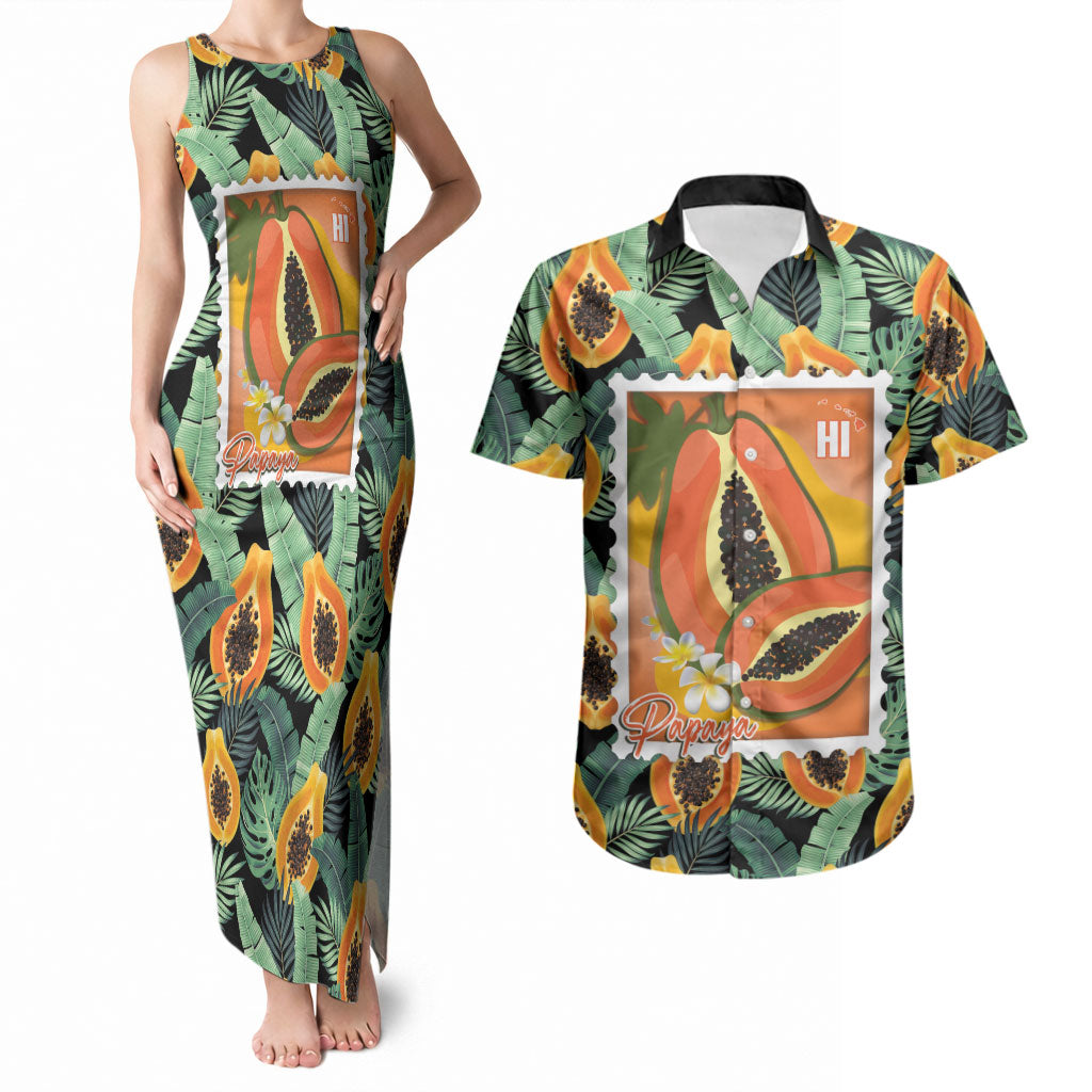 Aloha Hawaii Mikana Couples Matching Tank Maxi Dress and Hawaiian Shirt Hawaiian Papaya Stylized Stamp LT14 Green - Polynesian Pride