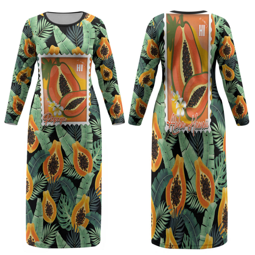 Aloha Hawaii Mikana Family Matching Long Sleeve Bodycon Dress and Hawaiian Shirt Hawaiian Papaya Stylized Stamp LT14 Mom's Dress Green - Polynesian Pride
