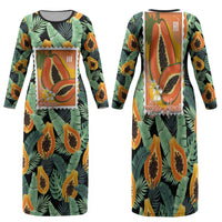 Aloha Hawaii Mikana Family Matching Long Sleeve Bodycon Dress and Hawaiian Shirt Hawaiian Papaya Stylized Stamp LT14 Mom's Dress Green - Polynesian Pride
