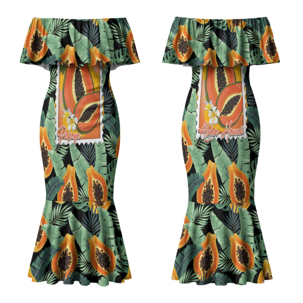 Aloha Hawaii Mikana Family Matching Mermaid Dress and Hawaiian Shirt Hawaiian Papaya Stylized Stamp LT14 Mom's Dress Green - Polynesian Pride