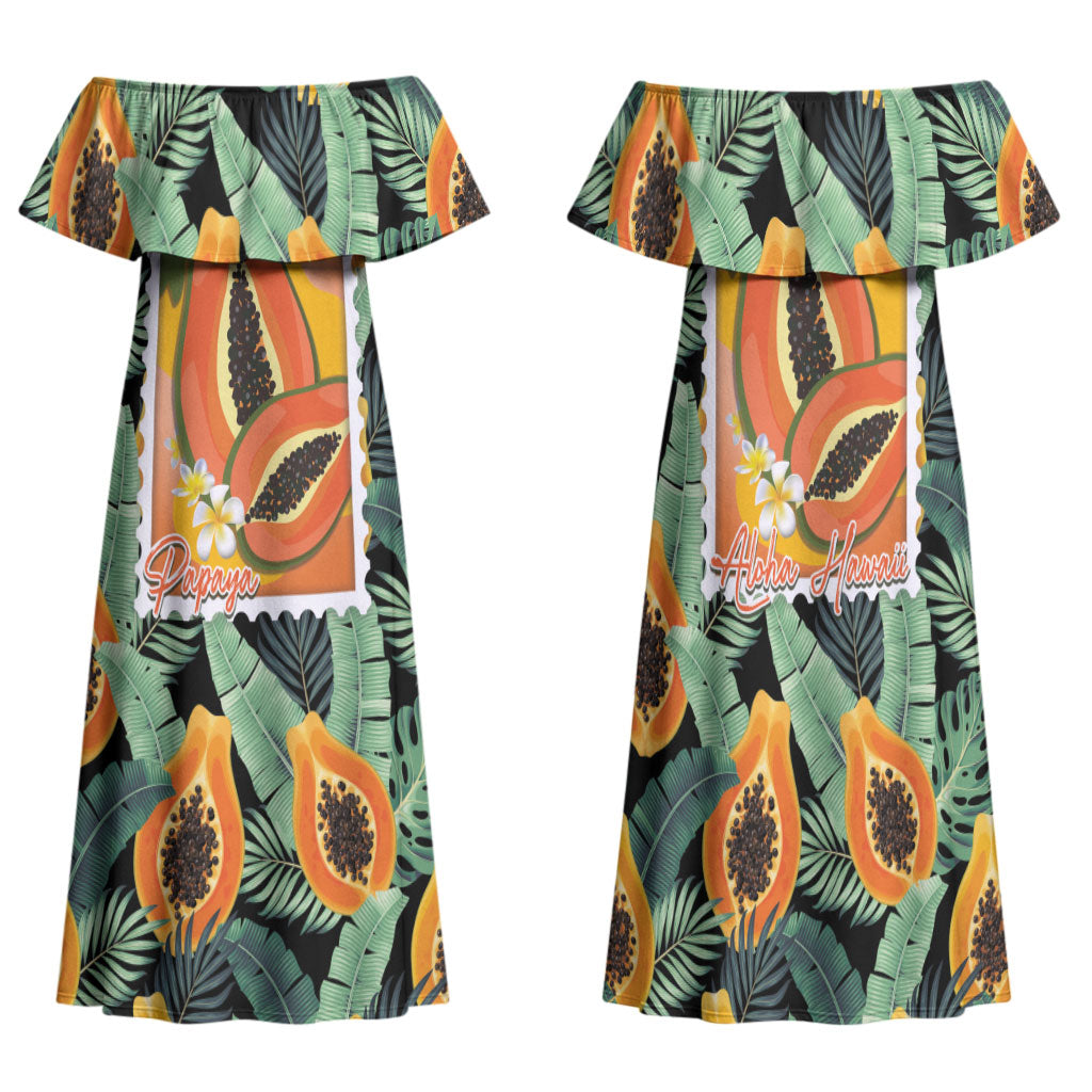 Aloha Hawaii Mikana Family Matching Off Shoulder Maxi Dress and Hawaiian Shirt Hawaiian Papaya Stylized Stamp LT14 Mom's Dress Green - Polynesian Pride