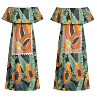 Aloha Hawaii Mikana Family Matching Off Shoulder Maxi Dress and Hawaiian Shirt Hawaiian Papaya Stylized Stamp LT14 Mom's Dress Green - Polynesian Pride