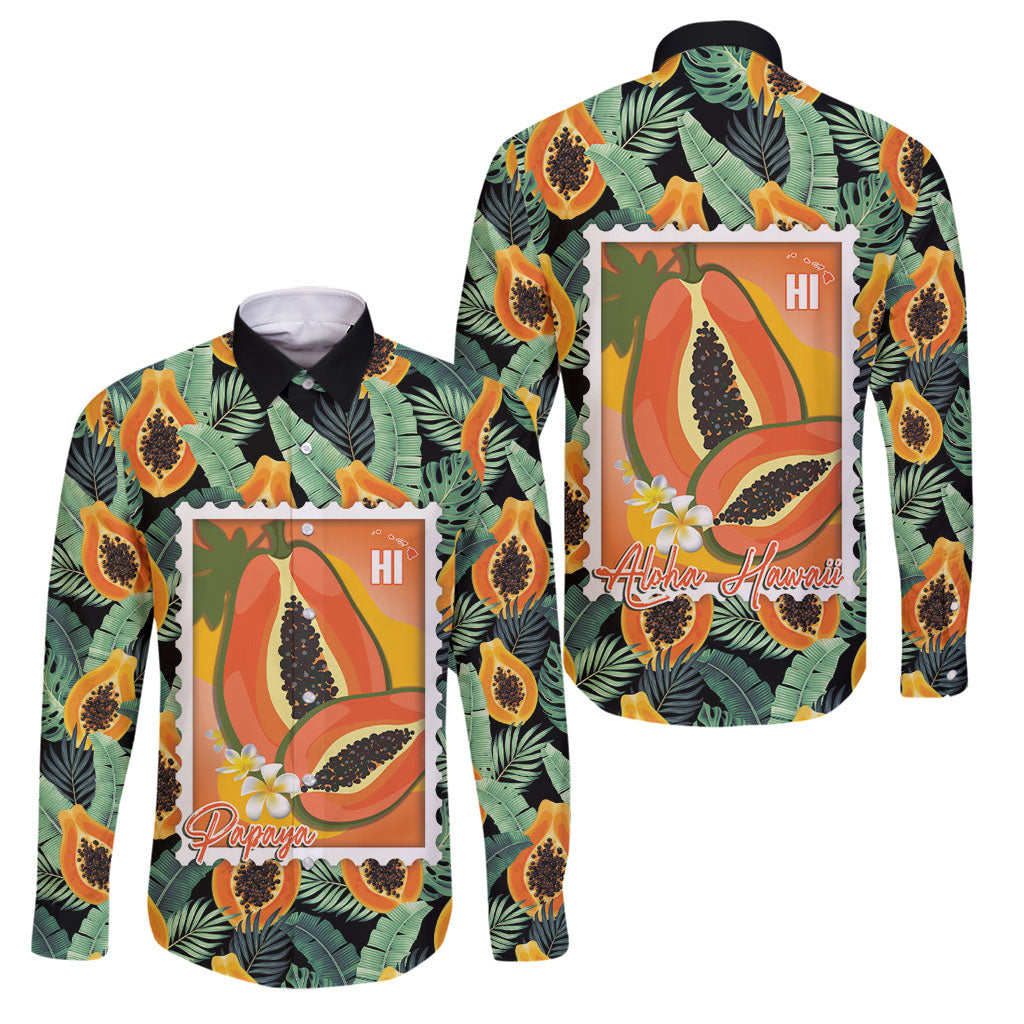 Aloha Hawaii Mikana Family Matching Off Shoulder Maxi Dress and Hawaiian Shirt Hawaiian Papaya Stylized Stamp LT14 Dad's Shirt - Long Sleeve Green - Polynesian Pride