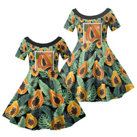 Aloha Hawaii Mikana Family Matching Off Shoulder Maxi Dress and Hawaiian Shirt Hawaiian Papaya Stylized Stamp LT14 Daughter's Dress Green - Polynesian Pride