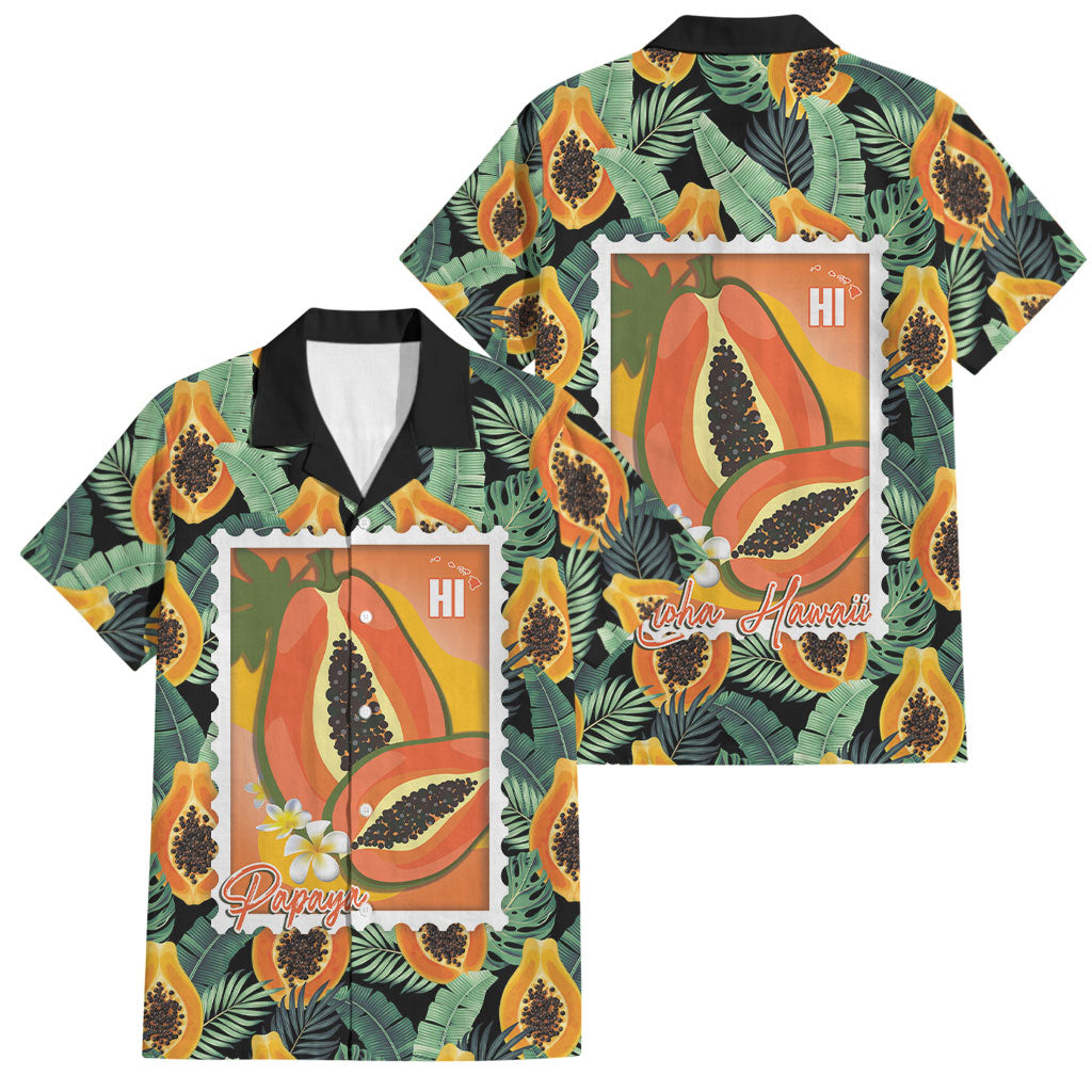 Aloha Hawaii Mikana Family Matching Puletasi and Hawaiian Shirt Hawaiian Papaya Stylized Stamp LT14 Dad's Shirt - Short Sleeve Green - Polynesian Pride