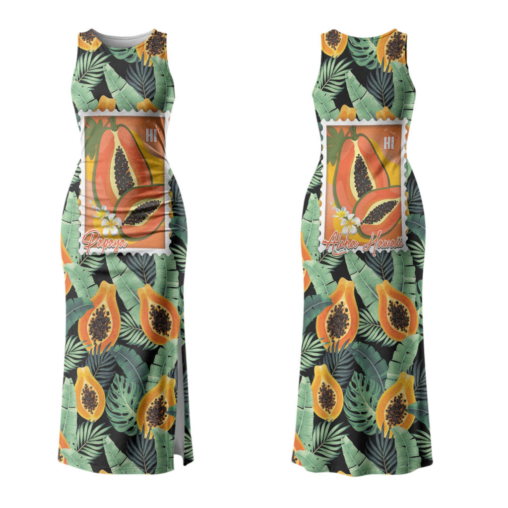 Aloha Hawaii Mikana Family Matching Tank Maxi Dress and Hawaiian Shirt Hawaiian Papaya Stylized Stamp LT14 Mom's Dress Green - Polynesian Pride