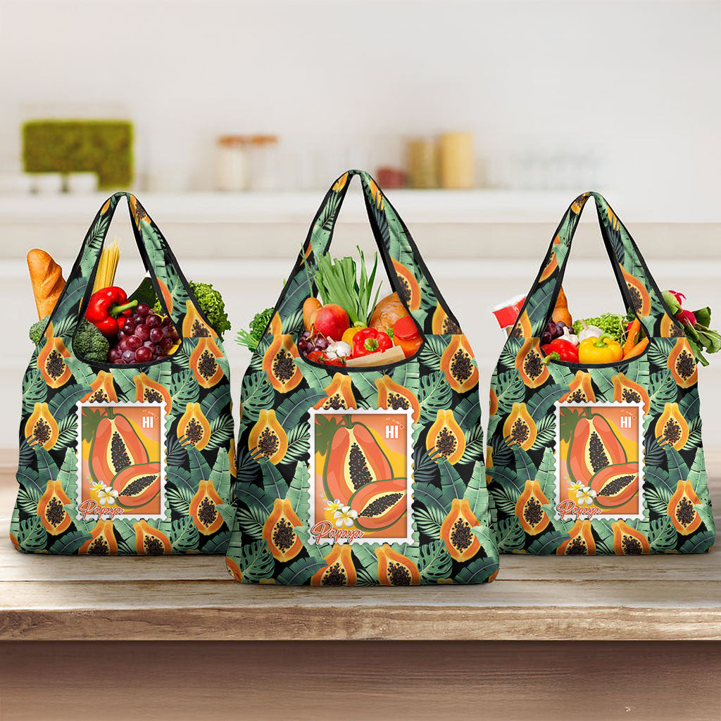 Aloha Hawaii Mikana Grocery Bag Hawaiian Papaya Stylized Stamp LT14 3-pack One Size Green - Polynesian Pride