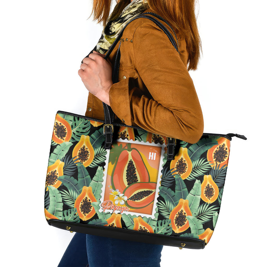 Aloha Hawaii Mikana Leather Tote Bag Hawaiian Papaya Stylized Stamp LT14 Green - Polynesian Pride
