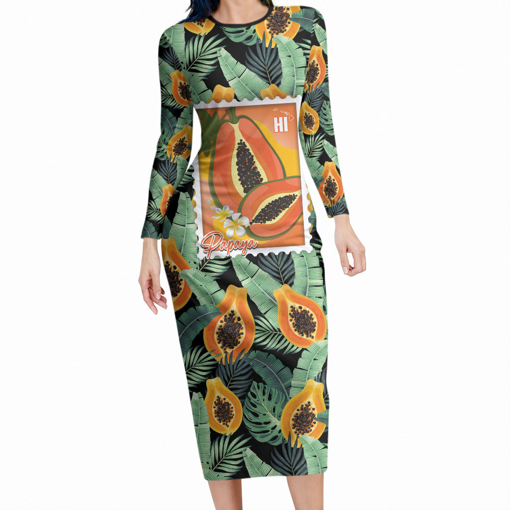 Aloha Hawaii Mikana Long Sleeve Bodycon Dress Hawaiian Papaya Stylized Stamp