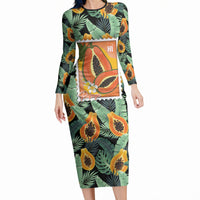 Aloha Hawaii Mikana Long Sleeve Bodycon Dress Hawaiian Papaya Stylized Stamp LT14 Long Dress Green - Polynesian Pride