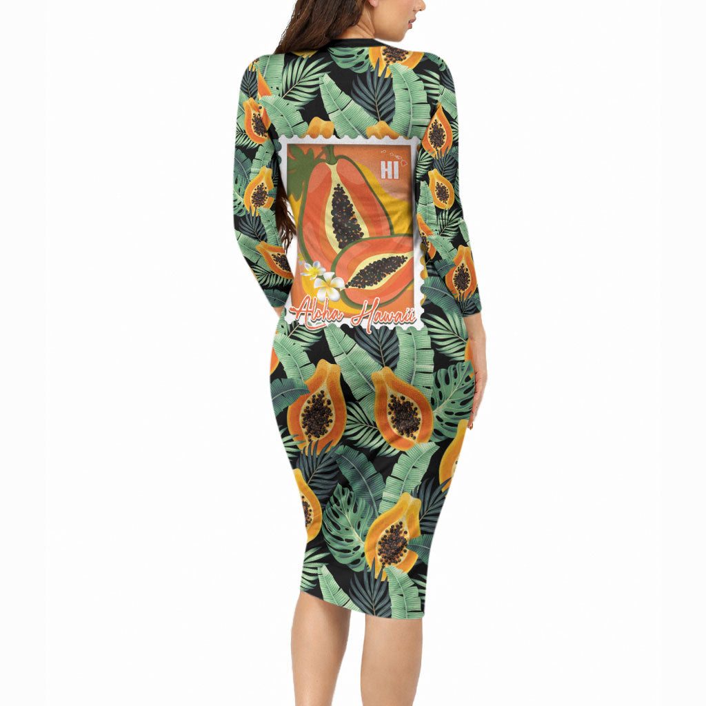 Aloha Hawaii Mikana Long Sleeve Bodycon Dress Hawaiian Papaya Stylized Stamp LT14 - Polynesian Pride