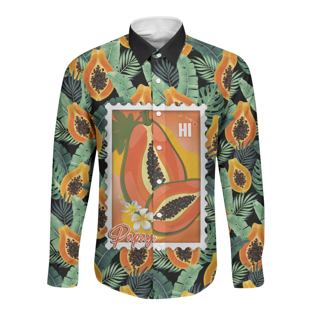 Aloha Hawaii Mikana Long Sleeve Button Shirt Hawaiian Papaya Stylized Stamp