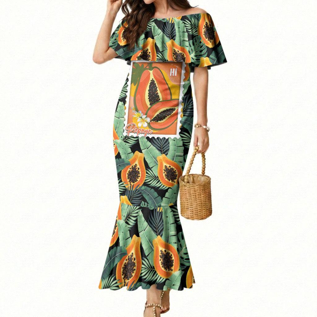 Aloha Hawaii Mikana Mermaid Dress Hawaiian Papaya Stylized Stamp