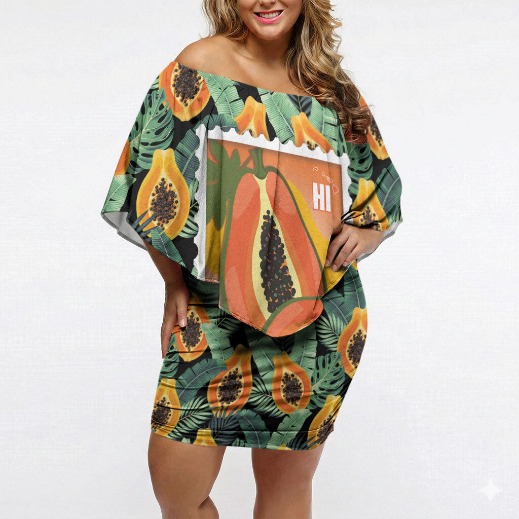 Aloha Hawaii Mikana Off Shoulder Short Dress Hawaiian Papaya Stylized Stamp