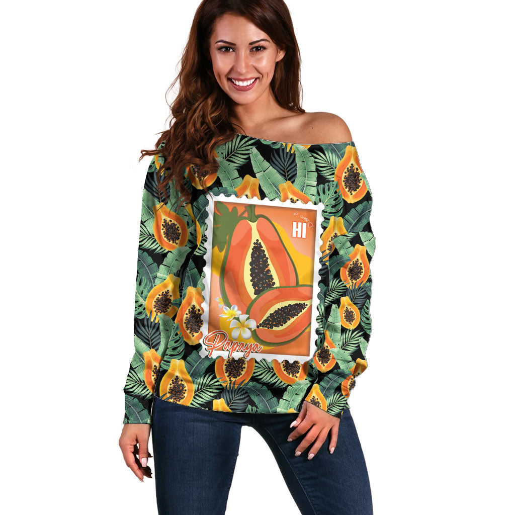 Aloha Hawaii Mikana Off Shoulder Sweater Hawaiian Papaya Stylized Stamp