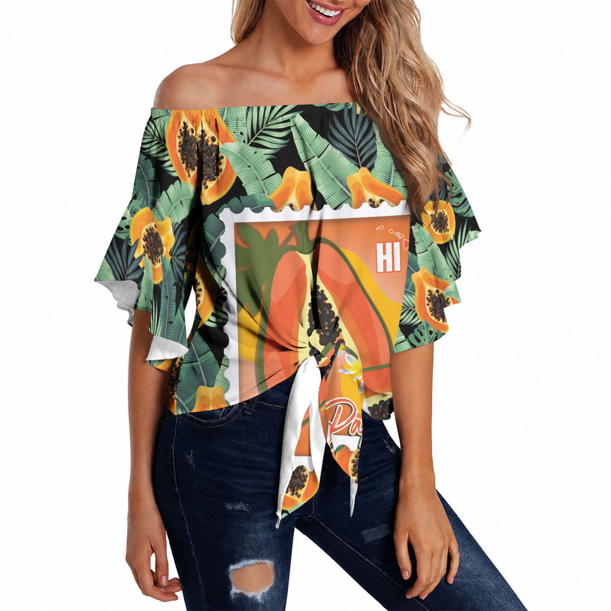 Aloha Hawaii Mikana Off Shoulder Wrap Waist Top Hawaiian Papaya Stylized Stamp LT14 Green - Polynesian Pride