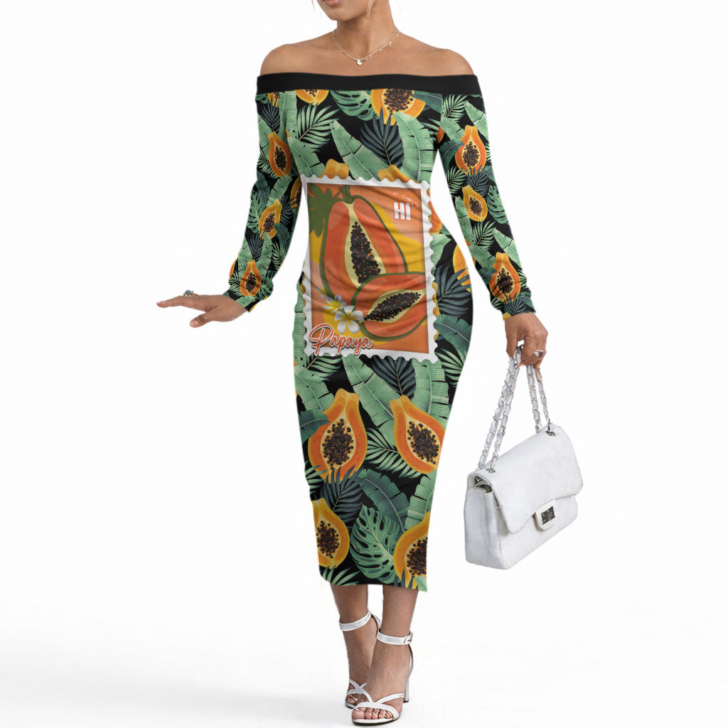 Aloha Hawaii Mikana Off The Shoulder Long Sleeve Dress Hawaiian Papaya Stylized Stamp