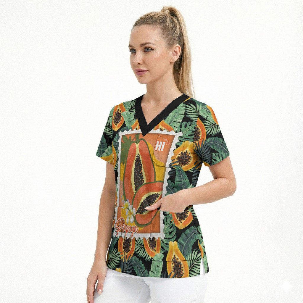 Aloha Hawaii Mikana Scrub Top Hawaiian Papaya Stylized Stamp LT14 - Polynesian Pride