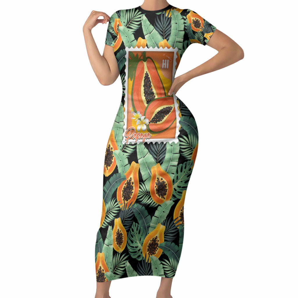 Aloha Hawaii Mikana Short Sleeve Bodycon Dress Hawaiian Papaya Stylized Stamp