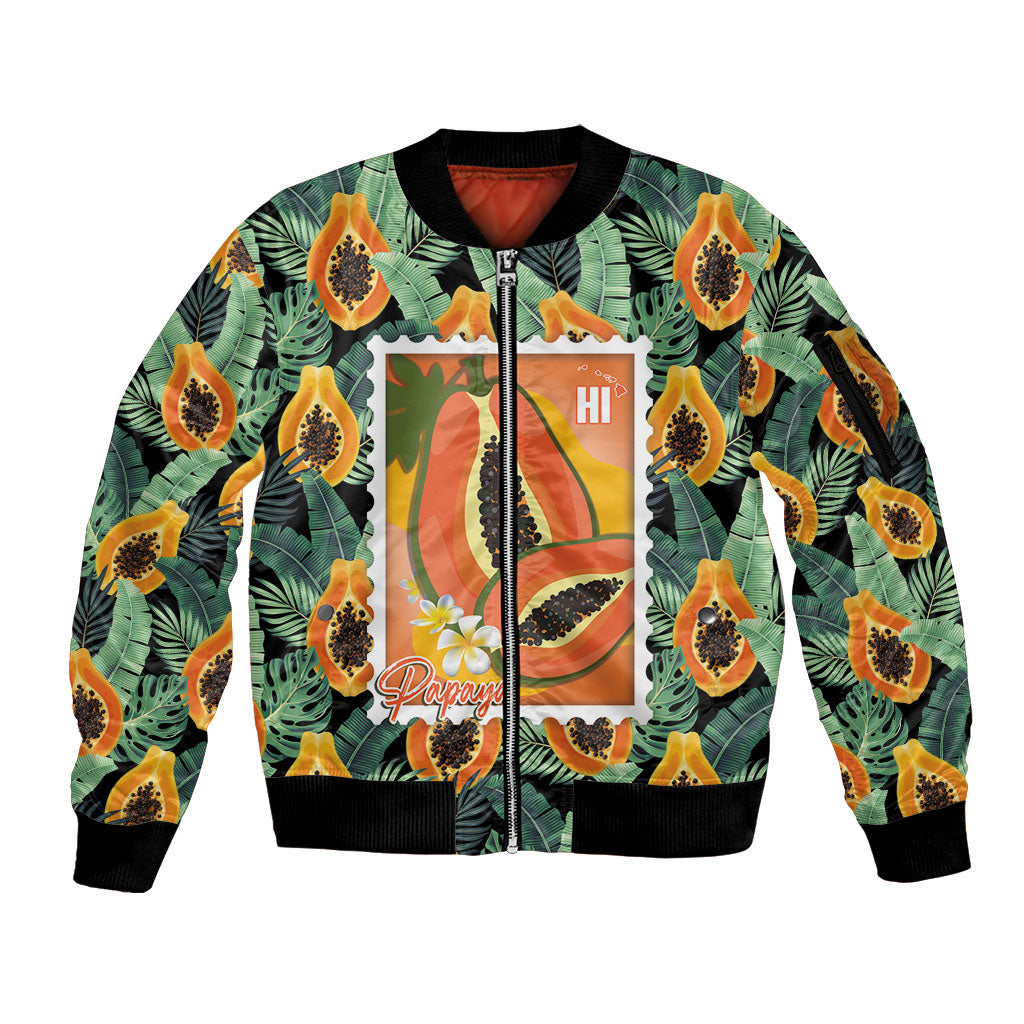 Aloha Hawaii Mikana Sleeve Zip Bomber Jacket Hawaiian Papaya Stylized Stamp
