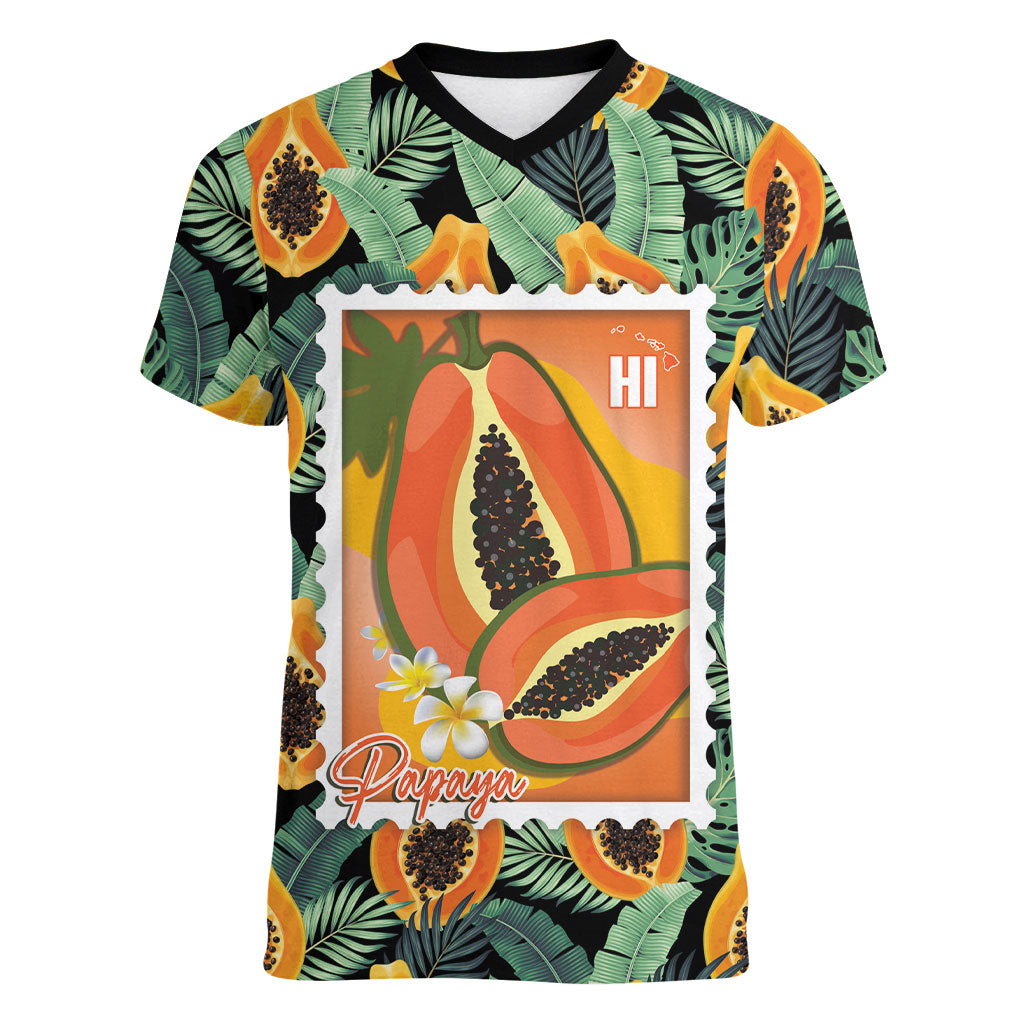 Aloha Hawaii Mikana Women V-Neck T-Shirt Hawaiian Papaya Stylized Stamp