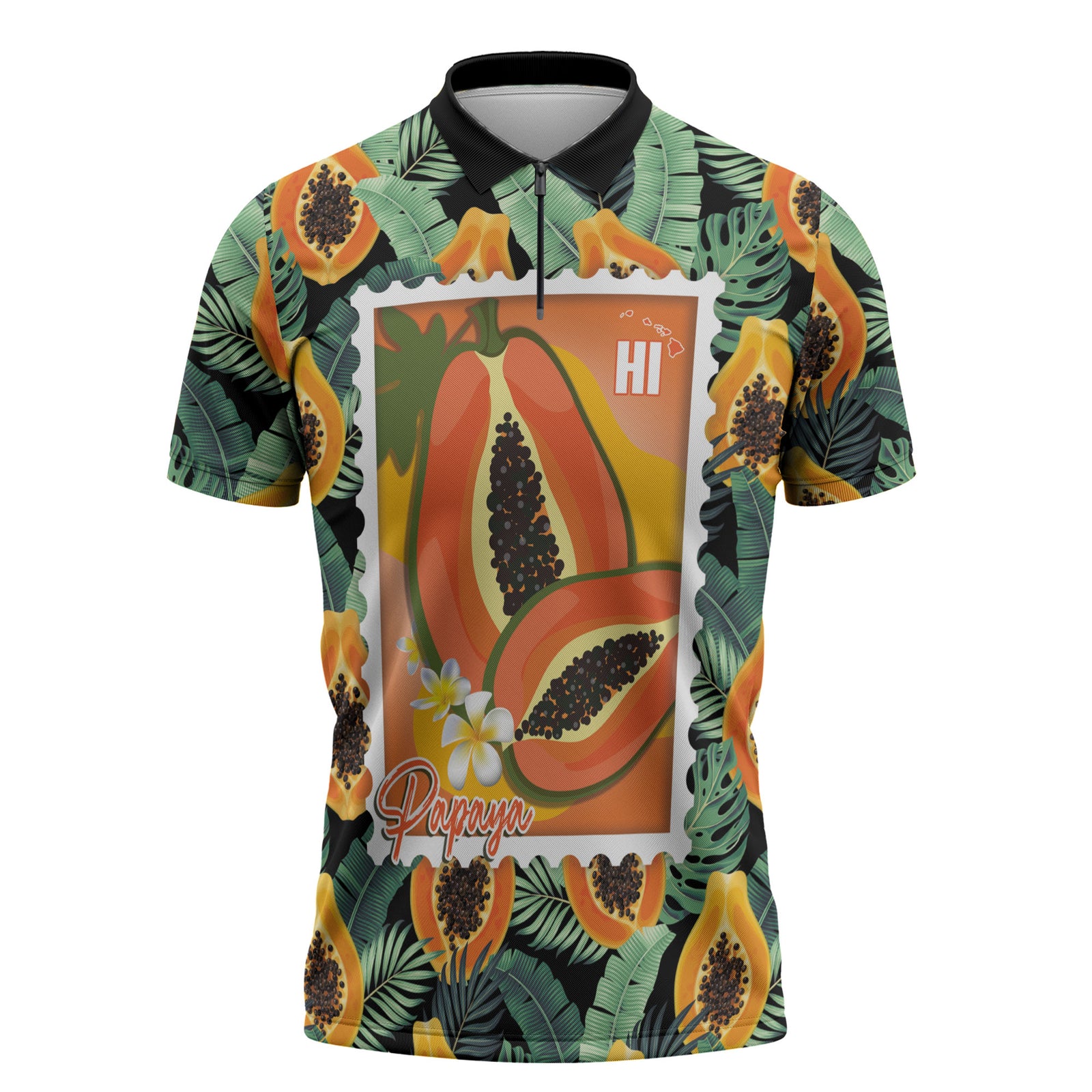 Aloha Hawaii Mikana Zipper Polo Shirt Hawaiian Papaya Stylized Stamp LT14 Green - Polynesian Pride