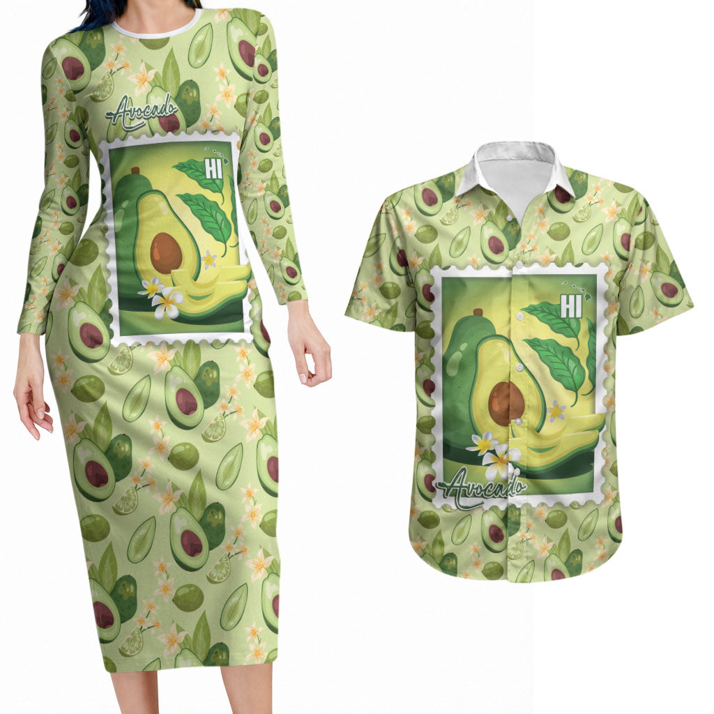 Aloha Hawaii Avocado Couples Matching Long Sleeve Bodycon Dress and Hawaiian Shirt Hawaiian Fruit Stylized Stamp LT14 Green - Polynesian Pride