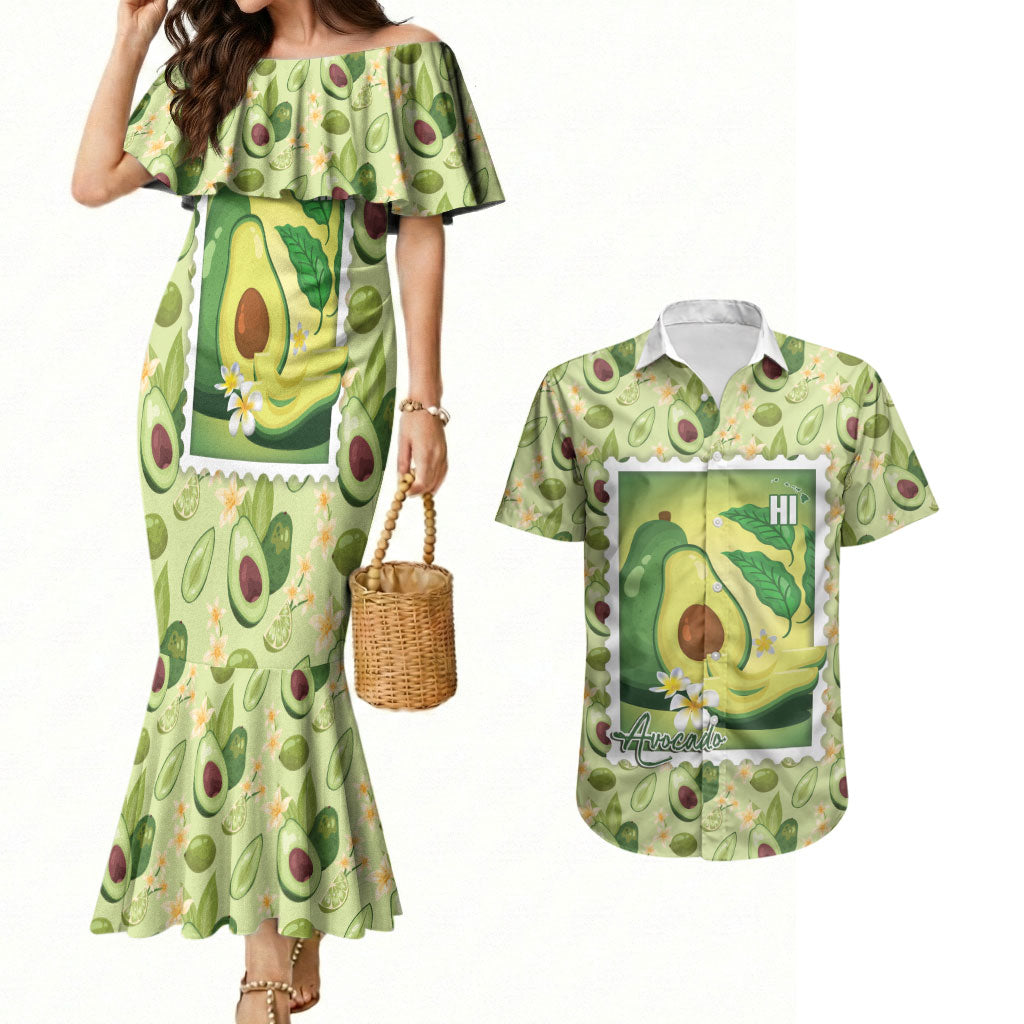 Aloha Hawaii Avocado Couples Matching Mermaid Dress and Hawaiian Shirt Hawaiian Fruit Stylized Stamp LT14 Green - Polynesian Pride